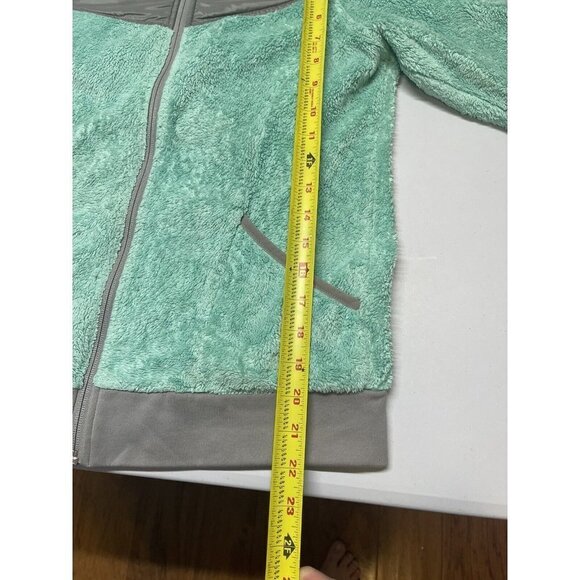 North Face Jacket Girls Large (14/16)  Light Green Gray Hooded Zip Fuzzy Fleece - Picture 4 of 13
